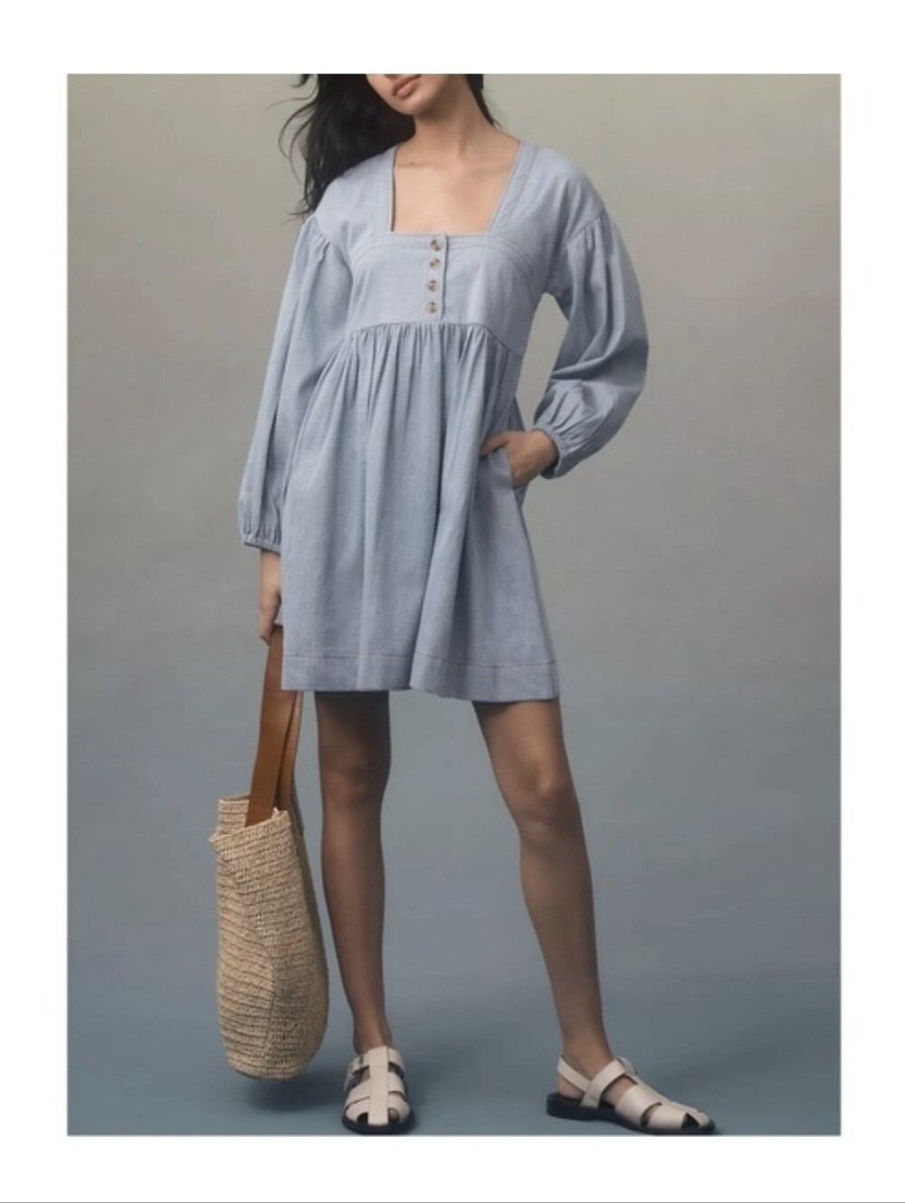 Anthropologie Pale Blue Square-Neck Babydoll Mini Dress